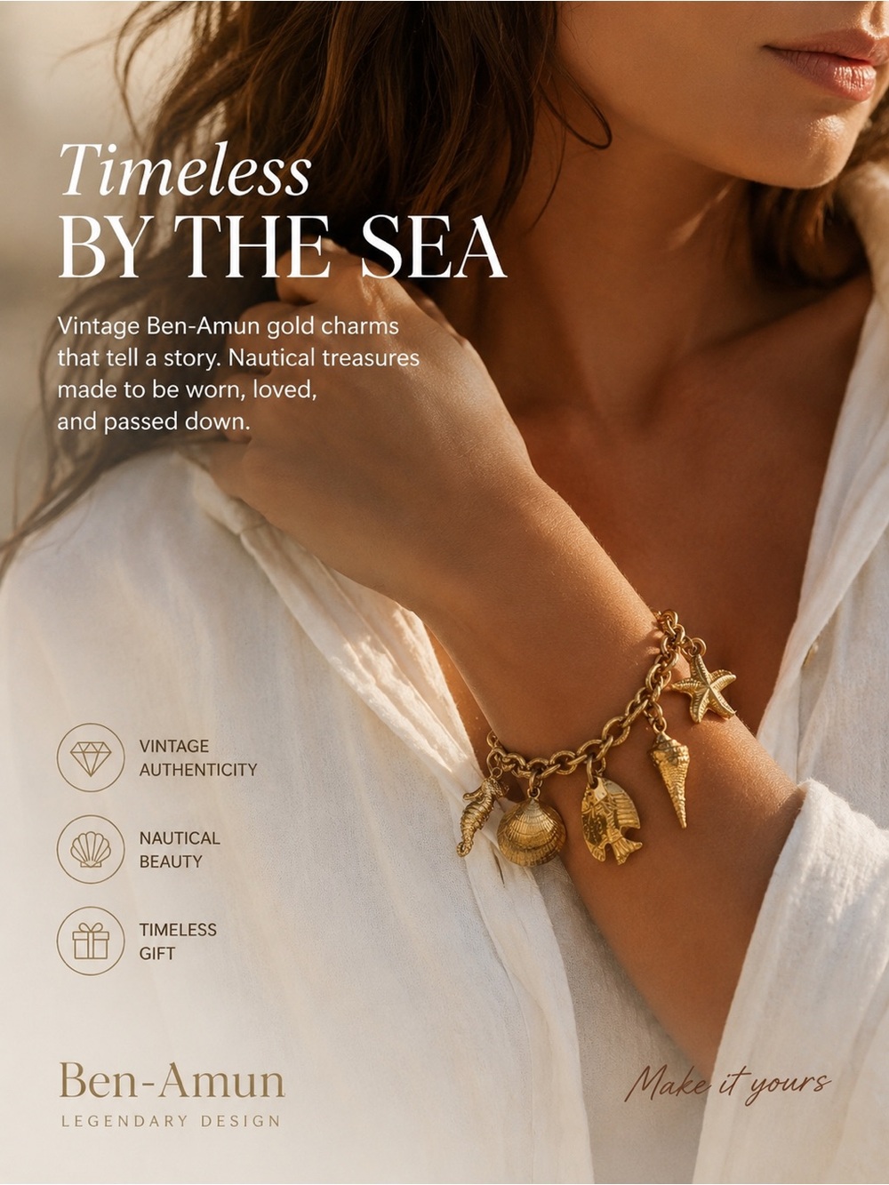 Vintage Ben-Amun Gold Nautical Charm Bracelet Seahorse Shell Starfish Signed
